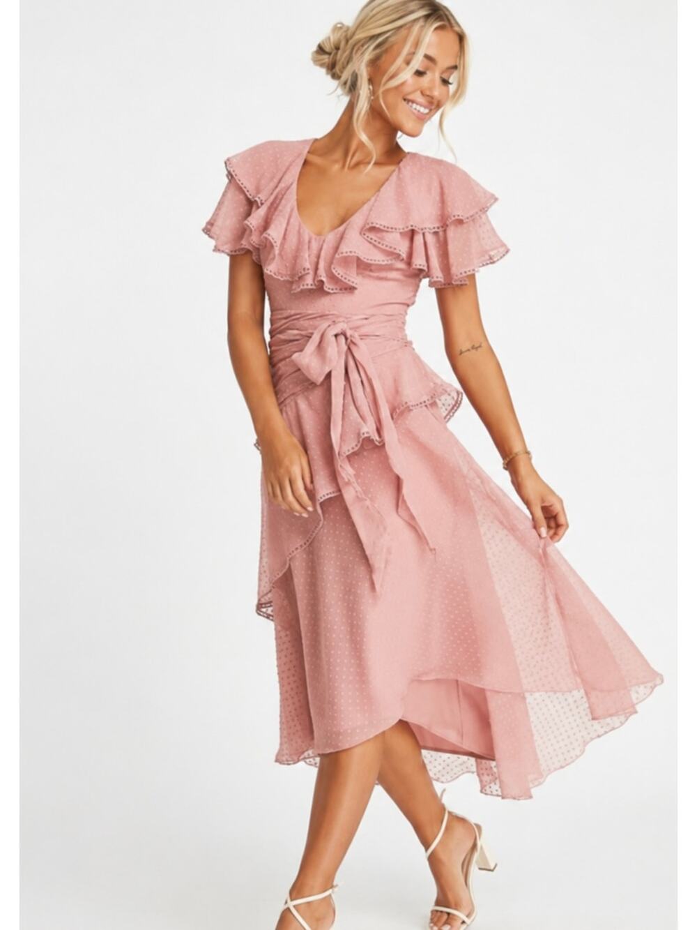 ASOS Draped Ruffle Midi Dress Swiss Dot Belted Maxi Cottagecore Boho Fairy Pink